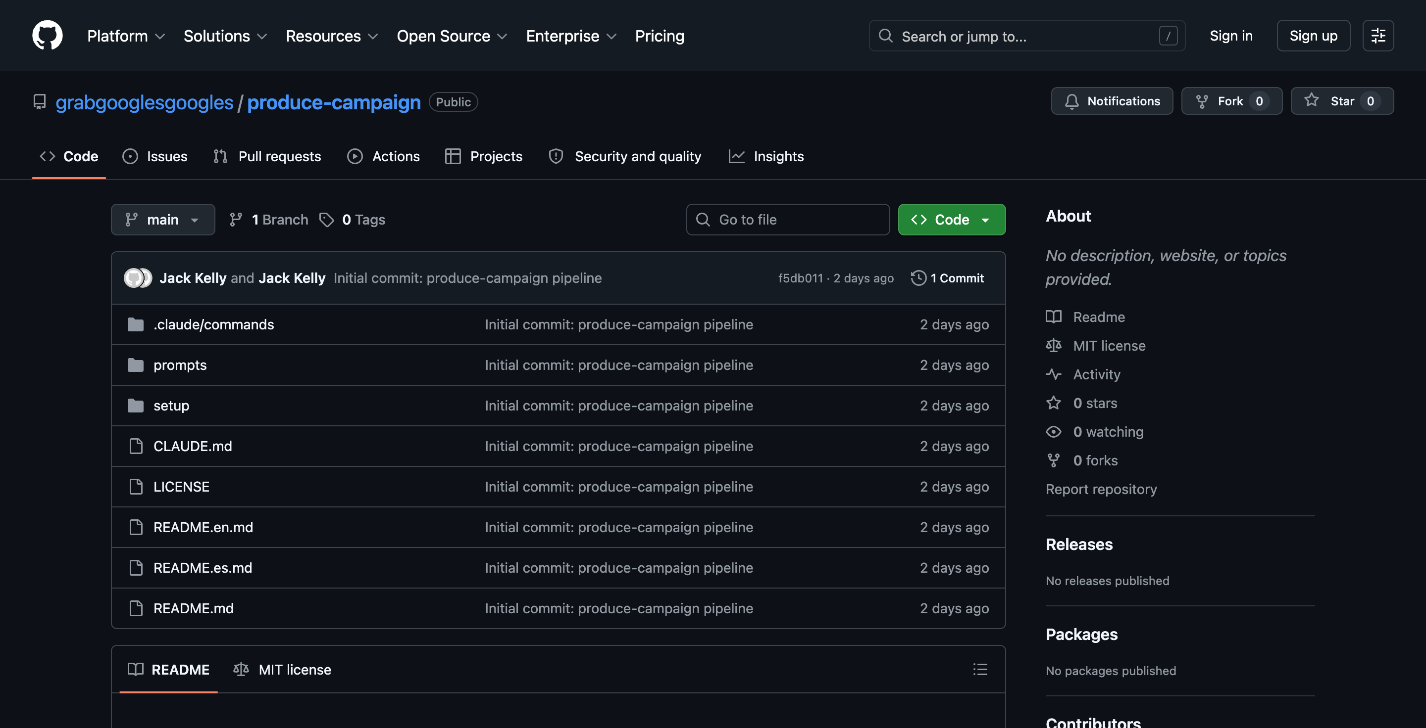 Repositorio GitHub del produce-campaign pipeline mostrando la estructura de archivos