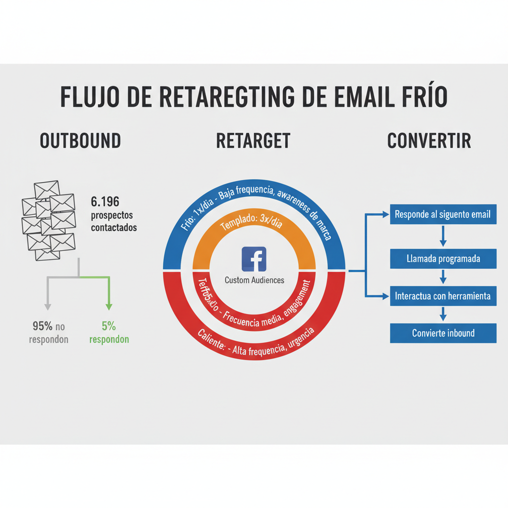Flujo de retargeting cross-channel: 6.196 prospectos contactados se convierten en Custom Audiences en Meta con frecuencia basada en temperatura del lead