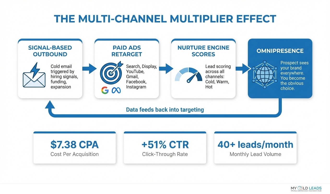 The Multi-Channel Multiplier Effect: Signal-based outbound leads to paid ads retargeting, nurture engine scoring, and omnipresence